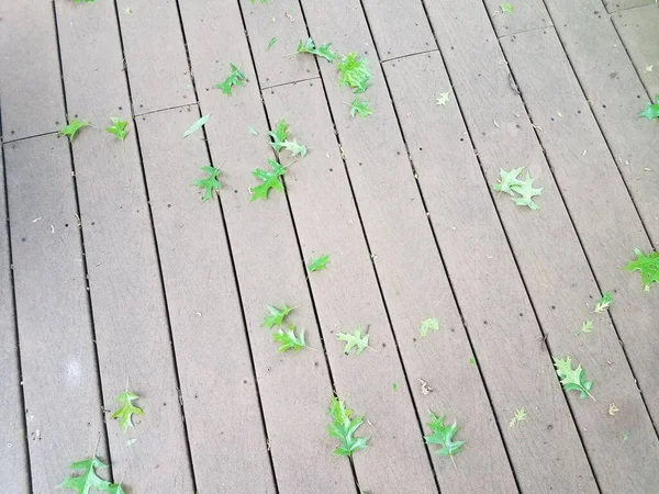 Wet Brown Wood Boards Deck Leaves — Stock Photo, Image