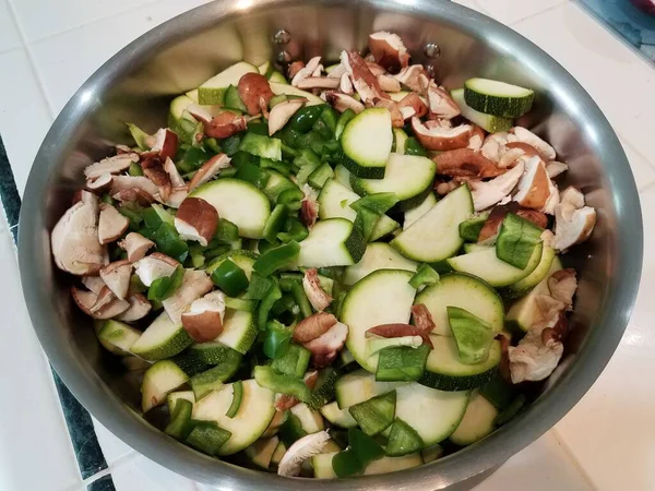 Mushroom Cucumber Green Peppers Pot White Counter Kitchen — Stock Photo, Image