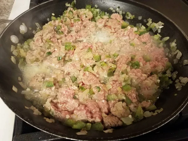 Carne Macinata Tacchino Cipolle Peperoni Padella Padella Sul Fuoco — Foto Stock