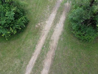 Toprak yol, yeşil çimen ve ağaçlar yukarıdan