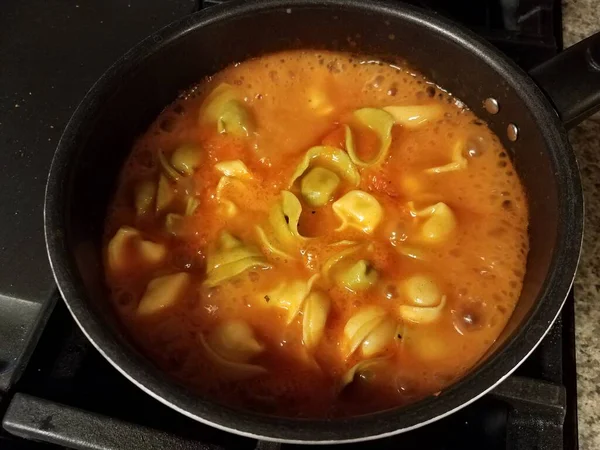 トルテリーニパスタとトマトソーススープをストーブの上で — ストック写真