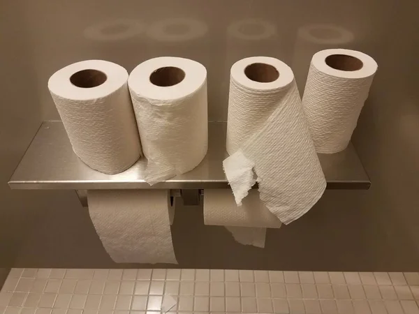 Many Toilet Paper Rolls Shelf Bathroom Stall — Stock Photo, Image