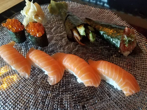 Salmon Sushi Eggs Rice Seaweed Plate — Stock Photo, Image