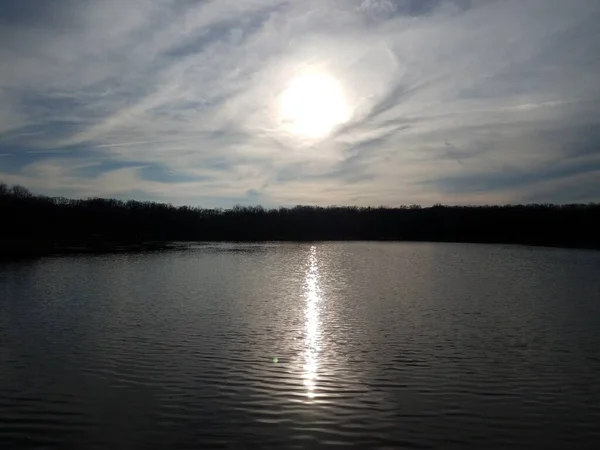 Sun Reflection Water Trees Clouds Sunrise Sunset — Stock Photo, Image