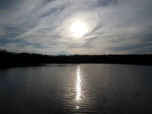 Sun Reflection Water Trees Clouds Sunrise Sunset — Stock Photo, Image