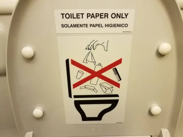 Toilet Paper Only Sign Airplane Toilet Lid Bathroom — Stock Photo, Image