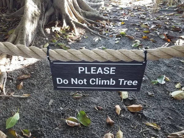 Παρακαλώ Μην Ανεβείτε Σημάδι Δέντρο Στο Σχοινί Κορμό Δέντρο — Φωτογραφία Αρχείου