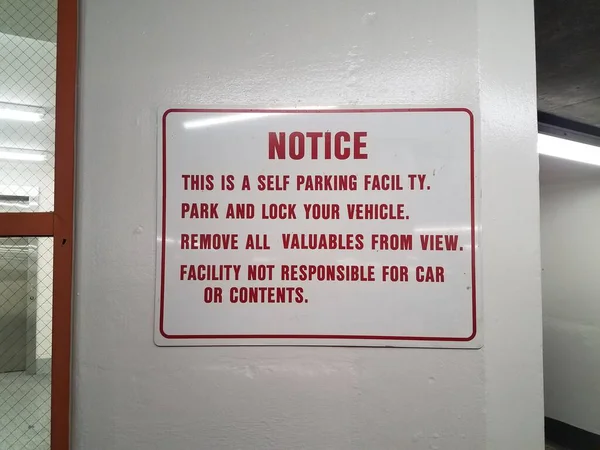 White Red Notice Self Parking Facility Sign — Stock Photo, Image