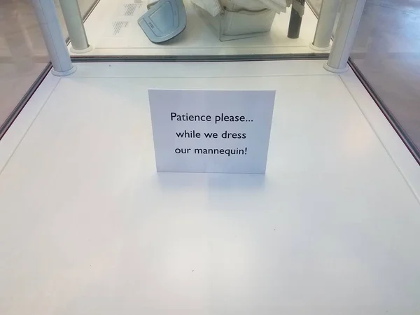 Patience Please While Dress Our Mannequin Sign — Stock Photo, Image