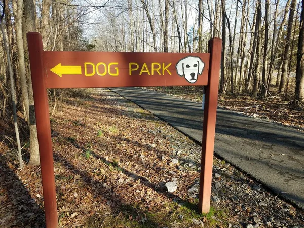 Trä Hund Park Skylt Med Gul Pil Och Asfalt Spår — Stockfoto