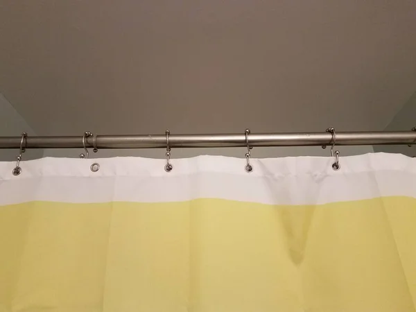 Yellow White Shower Curtain Metal Bar Wall — Stock Photo, Image