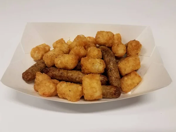 Turkey Sausage Tater Tots White Container Table — Stock Photo, Image