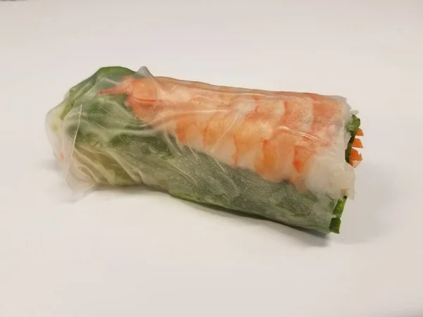 Shrimp Lettuce Carrot Rice Paper Roll White Desk Table — Stock Photo, Image