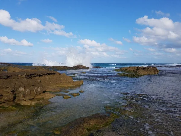 Stenig Strand Vid Stranden Eller Kusten Med Tidvattenspooler Isabela Puerto — Stockfoto