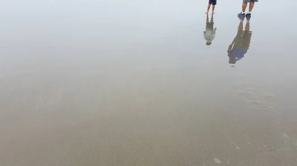 Riflessi Padre Figlio Che Camminano Piedi Sabbia Bagnata Sulla Spiaggia — Foto Stock