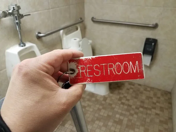 Red Restroom Key Tag Toilets Bathroom Interior — Stock Photo, Image
