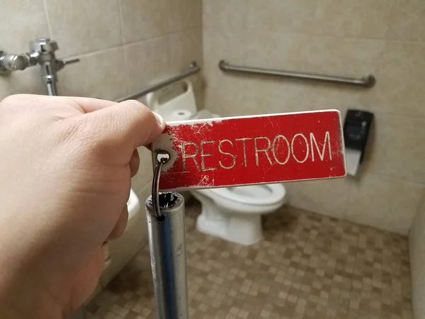 Red Restroom Key Tag Toilets Bathroom Interior — Stock Photo, Image
