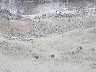 Kumda ve gri çimentoda veya beton duvarda ayak izleri