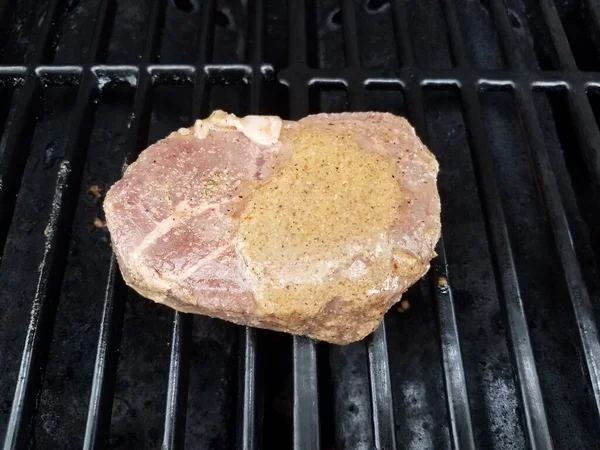 生牛ステーキ肉バーベキューグリルバーソース付き — ストック写真