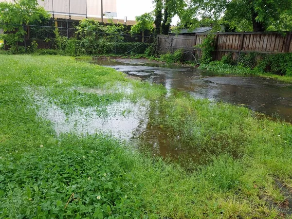 Duża Kałuża Wody Deszczu Podjeździe Asfaltowym Trawniku Trawiastym — Zdjęcie stockowe