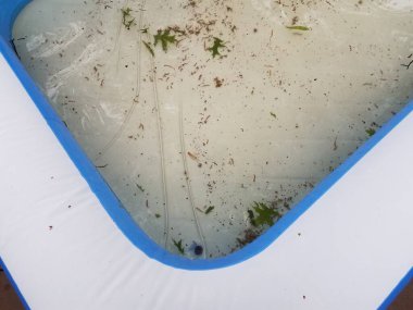 Su ve molozların boşaltıldığı plastik çocuk havuzu.