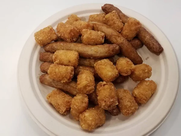 Tater Tots Potatoes Turkey Sausage White Plate — Stock Photo, Image