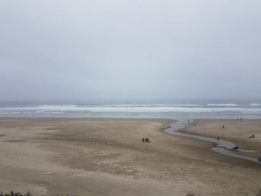 İnsanlar sahilde, nehirleri okyanusa ve dalgalara akıyor.