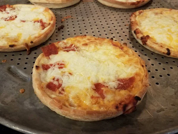 Small Pepperoni Cheese Pizzas Metal Baking Tray — Stock Photo, Image