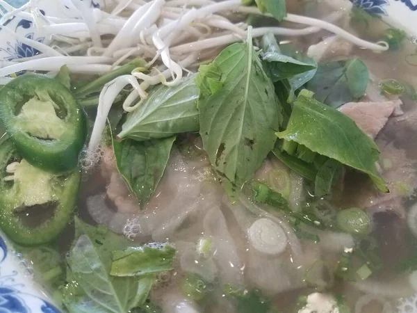Sopa Pho Vietnamita Con Verduras Como Albahaca Cebolla Brotes — Foto de Stock