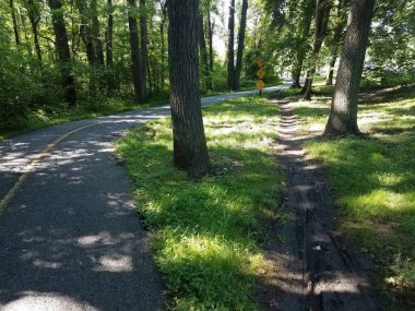 an asphalt path or trail with shortcut path through the dirt and grass clipart