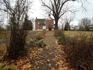 Düşen yapraklarla yol ya da patika Ağaçlarla ve ginko yapraklarıyla kırmızı ev