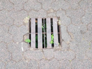 Altıgen kiremitler ve yabani otlarla yerde metal boşaltımı