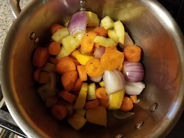 ニンジン 玉ねぎ カボチャなどの野菜とストーブの上の金属鍋 — ストック写真