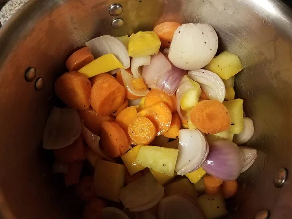 ニンジン 玉ねぎ カボチャなどの野菜とストーブの上の金属鍋 — ストック写真