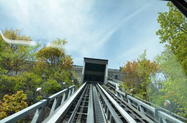 Quebec Kanada 'daki dik tepenin ve ağaçların üzerinde eğimli bir yol var.