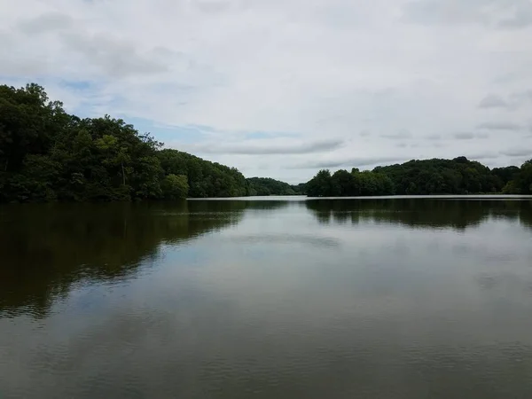 See Oder Teich Oder Fluss Und Bäume Mit Spiegelung Und — Stockfoto