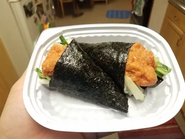 Hand Holding Japanese Food Sushi Spicy Tuna Hand Rolls White — Stock Photo, Image