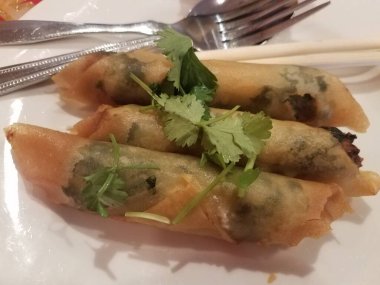 Kızarmış Çin böreği ve kişniş tabağı.