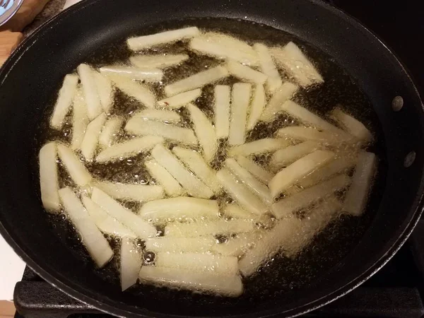 Frites Aardappel Hete Olie Koekenpan Koekenpan — Stockfoto