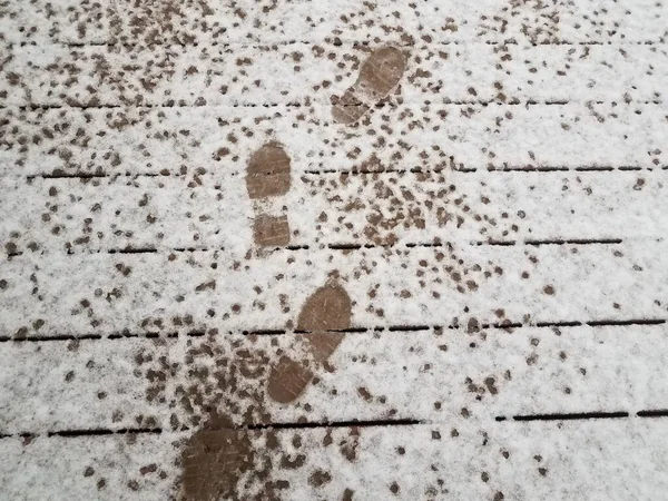 Foot Prints White Snow Frozen Ice Wood Deck Ground — Stock Photo, Image