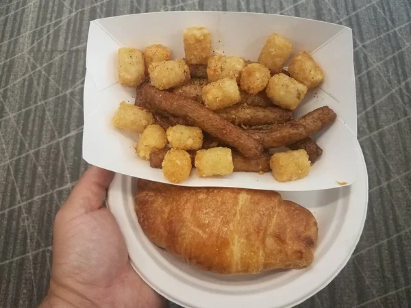 Croissant Sausage Tater Tots Plate — Stock Photo, Image