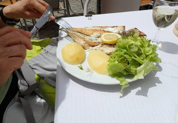 Poisson Avec Citron Pomme Terre Salade Verte Couteau Fourchette — Photo
