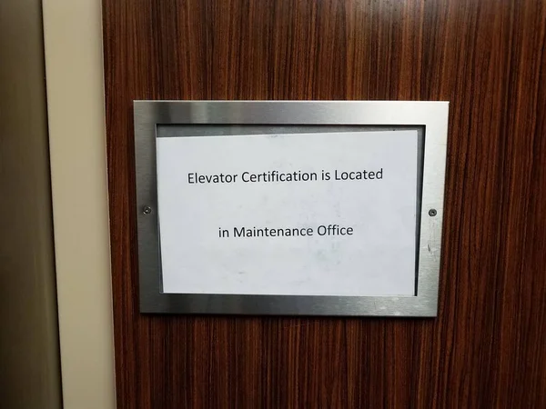Paper Elevator Certification Located Maintenance Office Sign Elevator — Stock Photo, Image