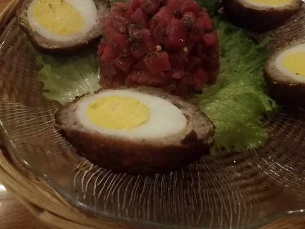 Scotch Eggs Sausage Beets Lettuce Plate — Stock Photo, Image