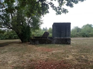 Harap olmuş taş ve tuğla yapı ve kahverengi çimen veya çimen