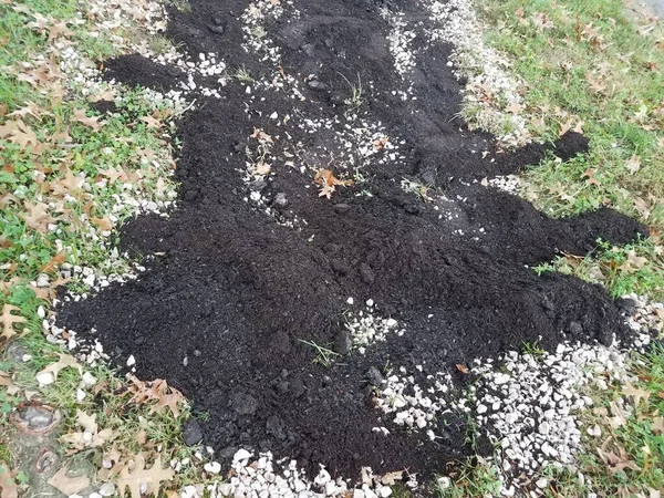 Dark Soil Mulch Green Lawn Leaves Rocks — Stock Photo, Image