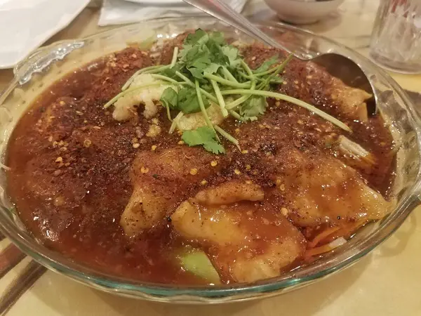 Chinese Spicy Fish Chili Oil Bowl Cilantro Spoon Garlic — Stock Photo, Image