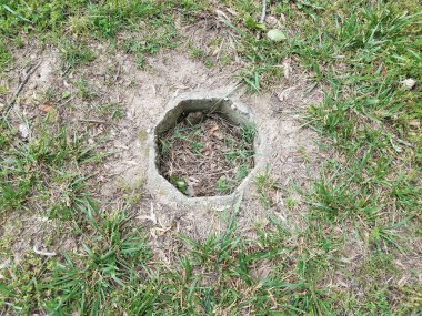 Eski çimento sekizgeni ve yeşil çimenlikteki delik