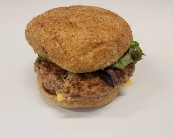 Turkey Burger Cheese Greens Bun — Stock Photo, Image