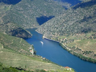 Nehirde tepeler, kayalar ve kayalarla dolu bir gemi gezisi.